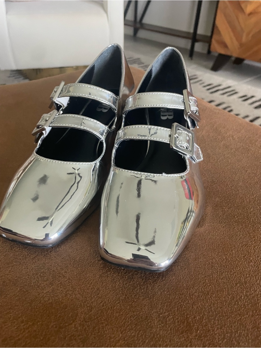 GB girls Silver Double-Buckle Mary Jane Flats